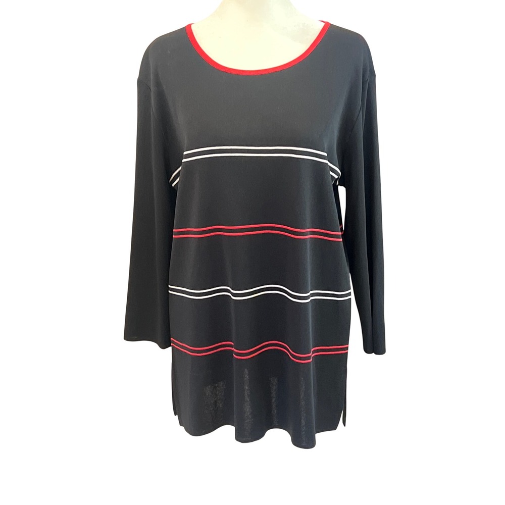 Misook Black Red White Striped Long Sleeve‎ Crew Neck Knit Top M